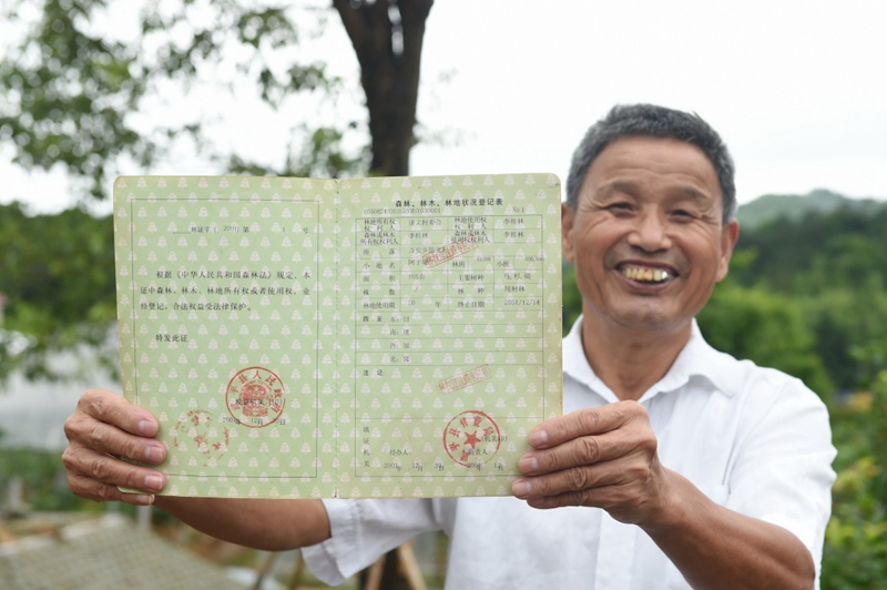 2017年6月13日，福建武平縣萬安鎮(zhèn)捷文村村民李桂林展示林權(quán)改革后領(lǐng)到的全國第一本新式林權(quán)證。