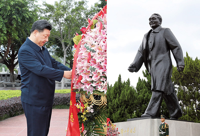 2020年10月14日，習(xí)近平總書記向深圳蓮花山公園鄧小平同志銅像敬獻(xiàn)花籃。